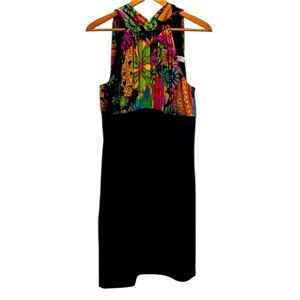 Trina Turk Silk Scarf colorful Print and black Tie Neck Dress women 6